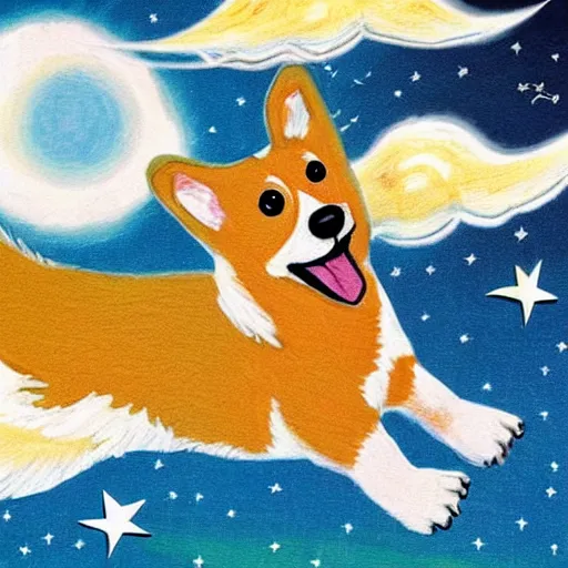 Prompt: corgi with [ angelic wings ]!!, [ flying like a superhero ]!! in the [ night sky ]!! where the stars are visibly perceptible, [ illustration via a child ]!!