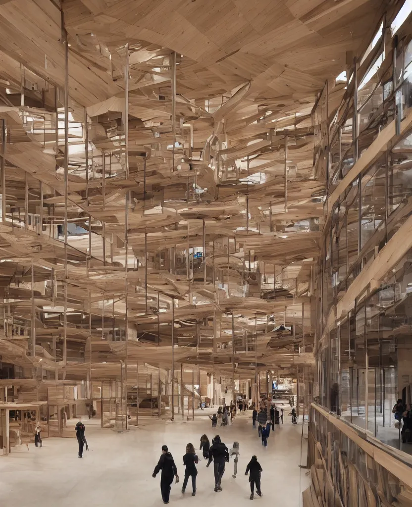 Image similar to a complex building interior, large wood joinery, people walking