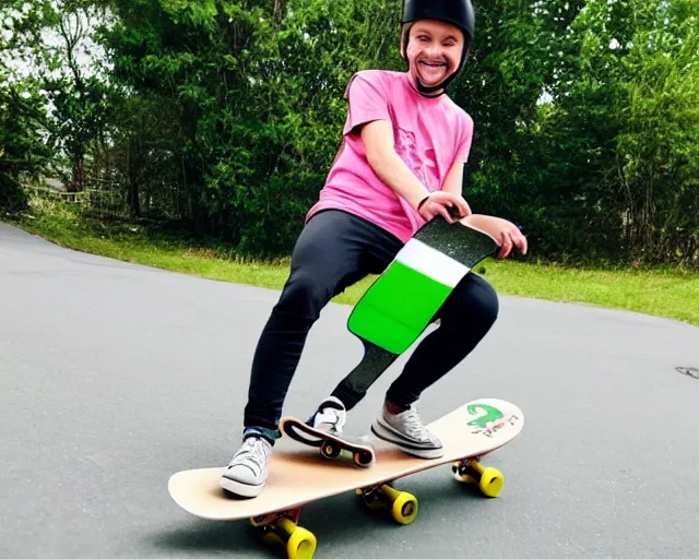 Image similar to pickle with a face riding a skateboard