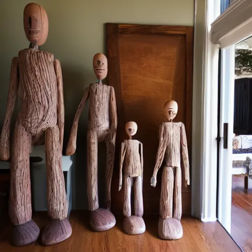 Image similar to a real estate home interior photo. a creepy wooden mannequin family,