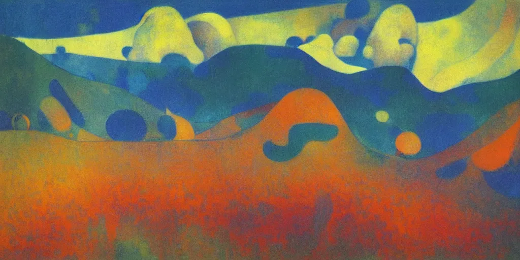 Prompt: An insane, modernist landscape painting. Wild energy patterns rippling in all directions. Curves, organic, zig-zags. Mountains, clouds. Rushing water. Waves. Psychedelic dream world. Odilon Redon. Tarsila do Amaral.
