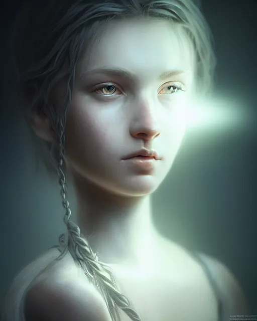 Image similar to Beautiful art portrait of a girl made of light in a dungeon, atmospheric lighting, intricate detail, cgsociety, hyperrealistic, octane render, RPG portrait, ambient light, dynamic lighting