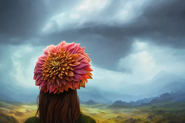 Image similar to giant dahlia flower crown under head, portrait girl on mountain, surreal photography, blue storm clouds, dramatic light, impressionist painting, digital painting, artstation, simon stalenhag