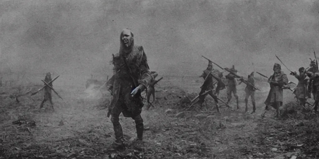 Prompt: scary unproportionable tall ghost creature in the middle of a battlefield, 1900s picture