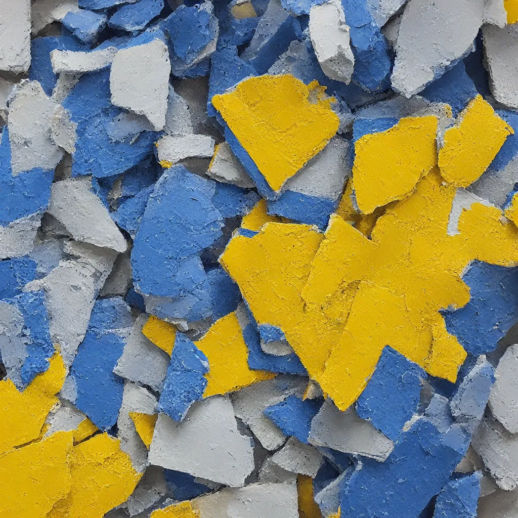 Prompt: 3 dimensional solid large fragments of solid oil paint, highly realistic deep impasto, colours cream naples yellow and blue - grey