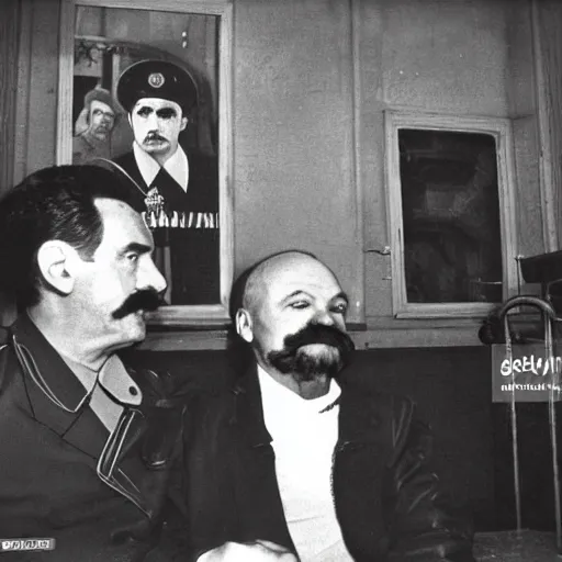 Image similar to Gay-Stalin and Gay-Lenin in gay bar, Very Highly Detailed Realistic photography