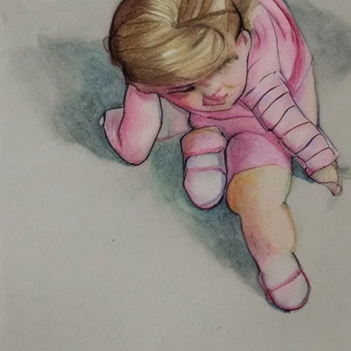 Image similar to 3 year old blonde girl in pigtails looking down at iphone, pencil and watercolor on white by eloise wilkin