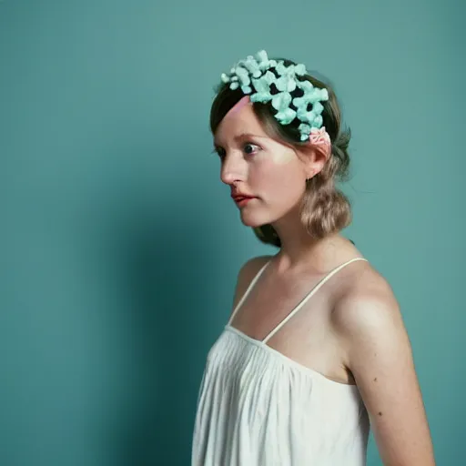 Prompt: a photograph of beautiful nordic woman wearing a white folkdrakt dress, she has a summer flower headband. against a teal studio backdrop. strong kodak portra 4 0 0 film look. film grain. hyperrealistic