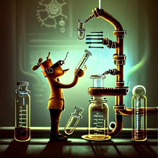 Image similar to steampunk mad scientist Funny cartoonish with test tubes at a science lab, by Gediminas Pranckevicius H 704