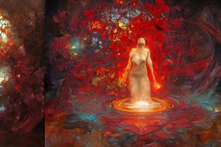 Prompt: arcs of flame, simulation of water splashes, shards of stained glass, dramatic lighting, cyberpunk, secret cypher, red flowers, solar flare, intricate art by John Collier and Albert Aublet and Krenz Cushart and Artem Demura and Alphonse Mucha