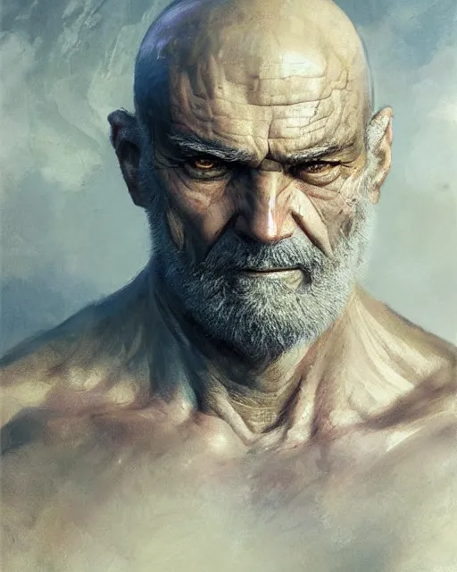 Prompt: old shaved man with a big scar on his blind left eye, elegant, hard edges, wrath, muscles, ethereal, science fiction, supervilain, fantasy art by greg rutkowski and magali villeneuve and claude monet