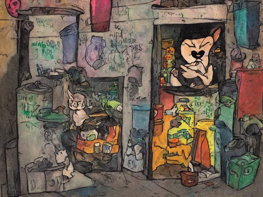 Image similar to a little alley cat living inside trash at night in downtown, in the style of kahlo and matisse