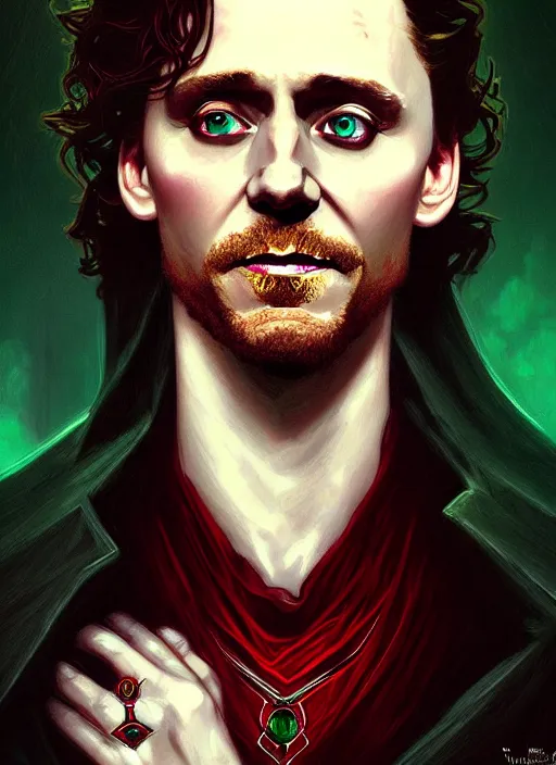 Image similar to portrait of tom hiddleston as a vampire lord, crimson peek, jewelry, greek, emerald, intricate, headshot, highly detailed, digital painting, artstation, concept art, sharp focus, cinematic lighting, illustration, art by artgerm and greg rutkowski, alphonse mucha, cgsociety