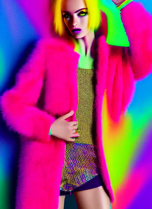 Prompt: coat for a rave, bright colors, many details, prints, photo for a magazine, photo for a store, fashion photography, Vogue, 135 mm, cinematic, hyper realism, high detail, octane render, 8k, chrome accents, perfect face model