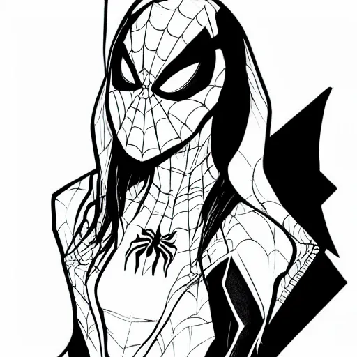 Prompt: Beautiful lineart drawing of Spider-gwen, black ink, manga style, cross-hatchings