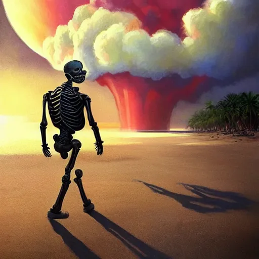 Prompt: Beautiful painting of relaxed skeleton walking on the tropical beach with nuclear bomb explosion on the ocean, high quality, trending on Artstation, realistic, by Greg Rutkowski, highly detailed big mushroom cloud in the background, warm and vibrant color scheme, coherent, photorealism