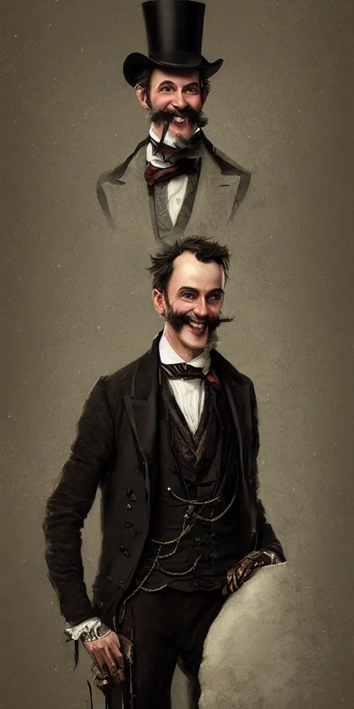 Image similar to Portrait of a jolly victorian gentleman wearing a waistcoat, male, happy, detailed face, victorian, highly detailed, cinematic lighting, digital art painting by greg rutkowski