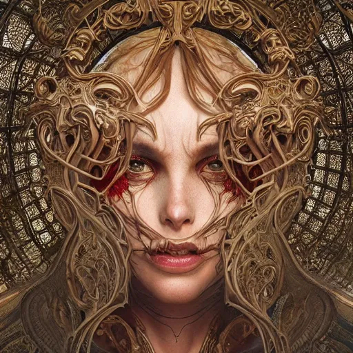 Prompt: whirling ornate intricate portrait of a twisting bloodied filigreed insect, muscles, rippling, warping, ultra realistic, concept art, intricate details, eerie, highly detailed, photorealistic, octane render, 8 k, unreal engine. art by artgerm and greg rutkowski and alphonse mucha