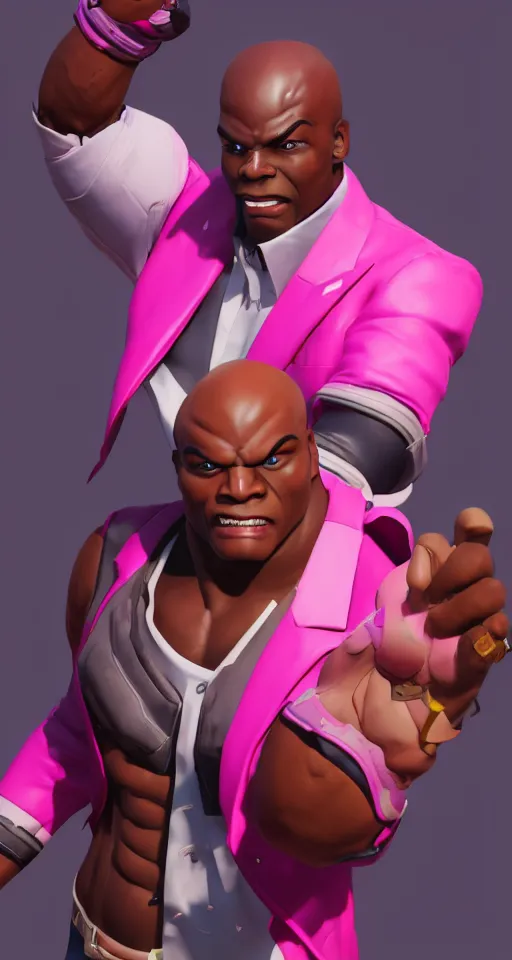 Image similar to doomfist, pink blazer, overwatch game, digital art, high detailed, artstation, 3 d render