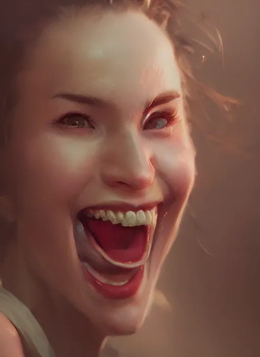 Image similar to hyper realistic photography portrait of beautiful laughing girl cinematic, vallejo, full shot, craig mullins greg rutkowski, artstation, cgsociety