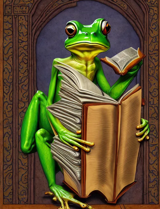 Prompt: anthropomorphic bipedal frog that is dressed as a medieval librarian, while holding a giant book, as a matte oil painting and d & d character art, by alex grey, standing, fullbody, floating bubbles, stacks, pages, bright, concept art, award - winning, extremely detailed, sharp focus