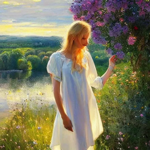 Image similar to blonde woman, nightgown, swedish countryside, archipelago, morning, masterpiece, highly detailed, beautiful, atmospheric, impressionism, painting by Vladimir Volegov