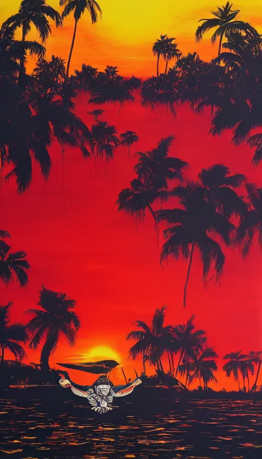 Image similar to donald trump on the apocalypse now poster, red sunset, bending river in the jungle, air brush, oil paint