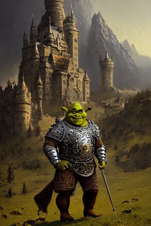 Prompt: full length portrait of shrek wearing ornate silver armour with gold accents covered in jewels, epic landscape with mountains and castle in background, dark and moody by carl spitzweg, ismail inceoglu, vdragan bibin, hans thoma, greg rutkowski, alexandros pyromallis, perfect face, fine details, realistic shaded