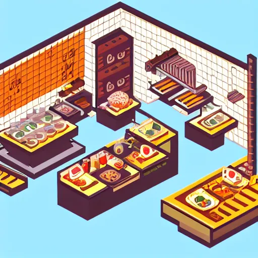 Image similar to isometric view of ramen shop, pixelart