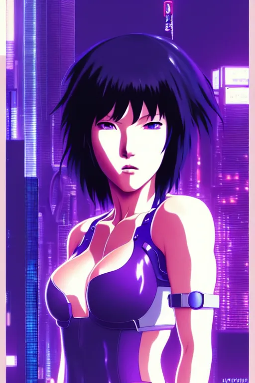 Image similar to a still fullbody portrait of motoko kusanagi ghost in the shell, finely detailed features, closeup at the faces, perfect art, at a cyberpunk city, gapmoe yandere grimdark, trending on pixiv fanbox, by ilya kuvshinov, rossdraws, artgerm