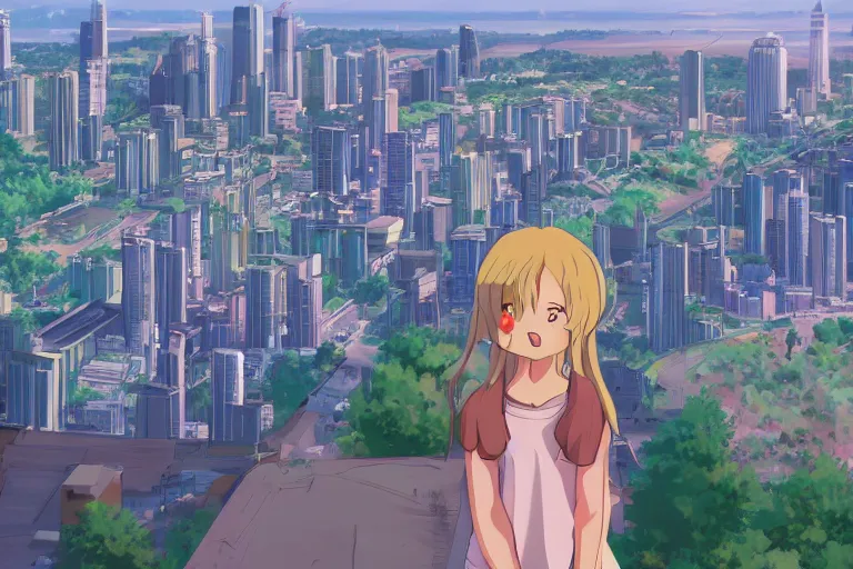 Prompt: a beautiful picture of overlook of city, anime, a girl, detailed, 8 k