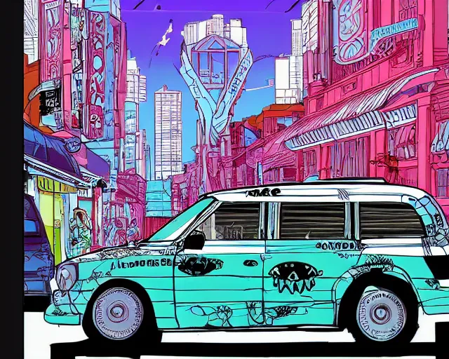 Image similar to a study of cell shaded cartoon of a taxi can infront of a store front, road, illustration, vivid colors, post grunge, concept art by josan gonzales and wlop, by james jean, Victo ngai, David Rubín, Mike Mignola, Laurie Greasley, highly detailed, sharp focus, alien, Trending on Artstation, HQ, deviantart, art by artgem