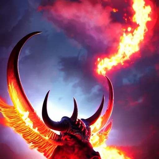 Prompt: ram horned oracle brings fire down from the sky, NGE dark fantasy, highly detailed, digital painting, volumetric light, 8k detailed