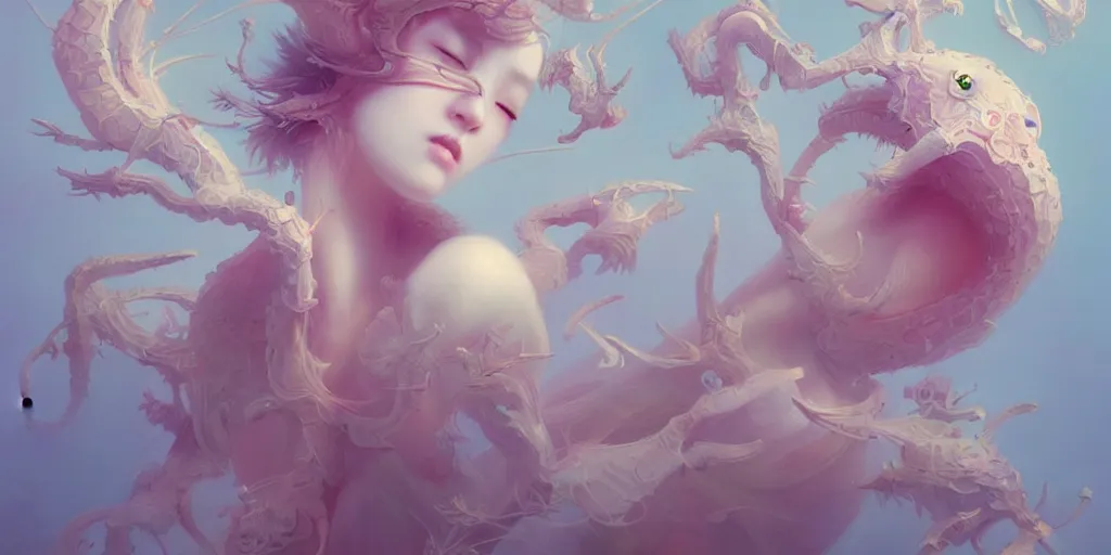 Image similar to breathtaking delicate detailed concept art painting creature, by hsiao - ron cheng, bizarre compositions, exquisite detail, pastel colors, ornate background, 8 k