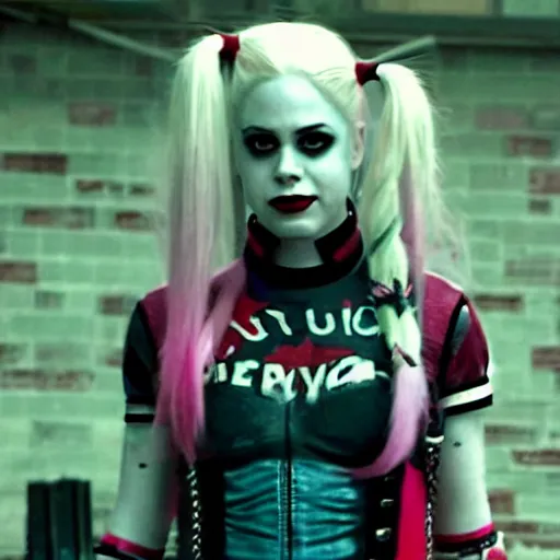 Image similar to an potrait of Avril Lavigne play Harley Quinn in suicide squad movie, 4k