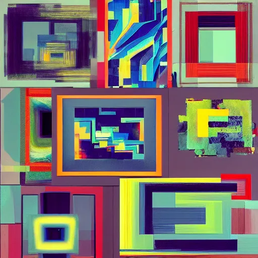 Prompt: framed collage of different abstract glitch art paintings of emergent structures with bold lines and pixels, 8k, trending on artstation,