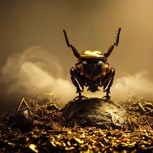 Prompt: Very high detailed rhinoceros beetle made of gold and metal standing on a carbon fiber background, smoke and powder, big horn, robotic, nature, symmetrical, Greg Rutkowski, Charlie Bowater, Beeple, Unreal 5, hyperrealistic, dynamic lighting, fantasy art