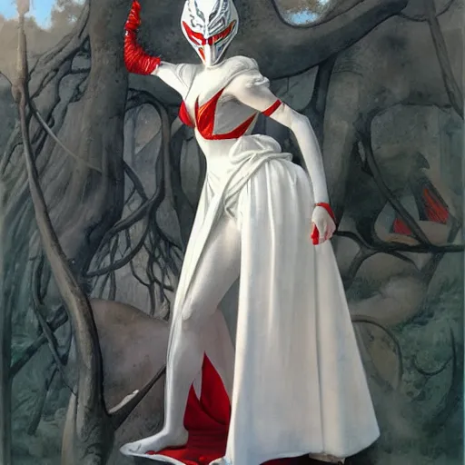 Prompt: portrait of a priestess, wearing ( all - white clothes ), and a ( red helmet ), by gerald brom, and donato berthold.