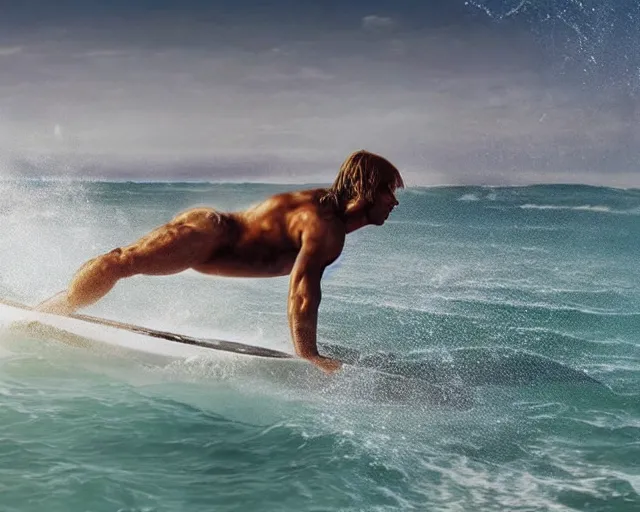 Prompt: single spartan paddling surf - ski through waves, epic award winning action cinematic still from the movie 3 0 0, 8 k, global illumination, detailed face, muscles, rim highlights, hyper realistic, stunning waves, happy vibes