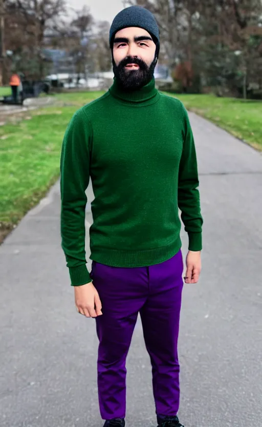 Prompt: a young man with a chin - style dark brown beard without mustache in a dark black cap, green turtleneck, purple pants and super white sneakers in full height, perfect face, without mustache