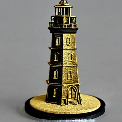 Image similar to an ornate lighthouse 28mm miniature, detailed with white and gold filagree and goldleaf decorative elements, sitting on a desk, painstaking detail, black lacquer, glossy shiny reflective, splashed with graffiti art