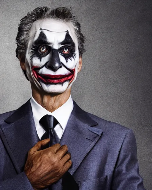 Image similar to Mauricio Macri in Elaborate Cat Man Makeup and prosthetics designed by Rick Baker, Hyperreal, Head Shots Photographed in the Style of Annie Leibovitz, Studio Lighting, Mauricio Macri as the Joker