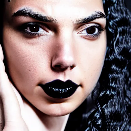 Prompt: gal gadot as a goth woman, eye piercings, close up shot, black hair on right half, white hair on left half, pale skin, sensual, beautiful soft light failling on her face, studio photography, nikon 3 5 mm portrait photography, ultra realistic