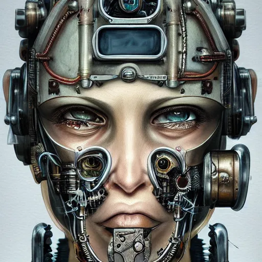 Image similar to portrait painting of a steampunk cyborg criminal, transhumanism, ultra realistic, concept art, studio ghibli, intricate details, eerie highly detailed