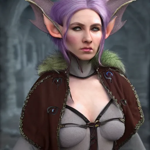 Prompt: anya charlota as a medieval fantasy tolkien elf, dark purplish hair tucked behind ears, wearing leather with a fur lined collar, wide, muscular build, scar across the nose, one black, scaled arm, cinematic, character art, digital art, realistic. 8 k, detailed.