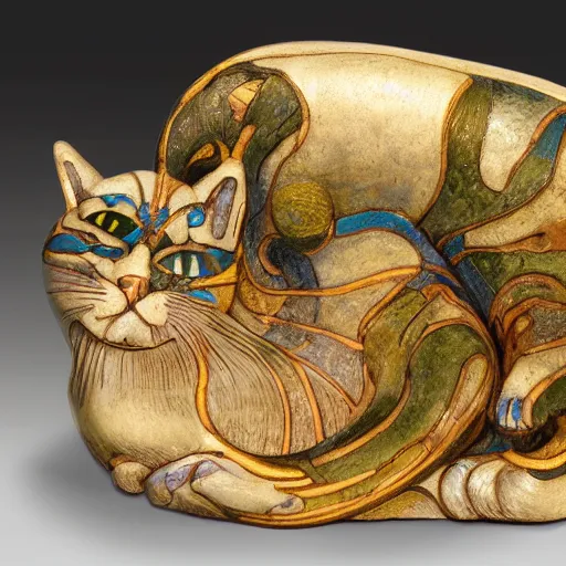 Prompt: cloisonne cat figurine, by annie swynnerton and diego rivera and nicholas roerich and jean delville, symbolist, dramatic lighting, god rays, art brut, rich colors, smooth, sharp focus, extremely detailed, adolf wolfli and ( donato giancola and bilibin )