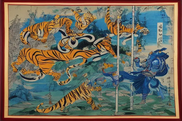 Prompt: hanging silk scroll, protoss holding a pole, tiger, korean countryside