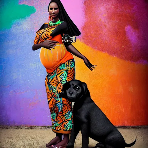 Prompt: a 3 0 year old somali woman, pregnant, next to a black puppy, full body, ultra detailed fantasy, bright, colorful, realistic