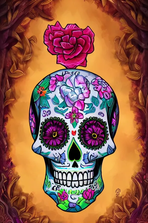 Prompt: Illustration of a sugar skull day of the dead girl, art by tyler edlin