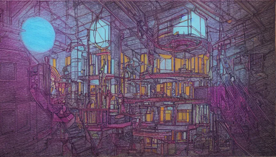 Image similar to corlaine in the pink palace, colored pencil crosshatch, Golden ratio, Oil rig, solarpunk